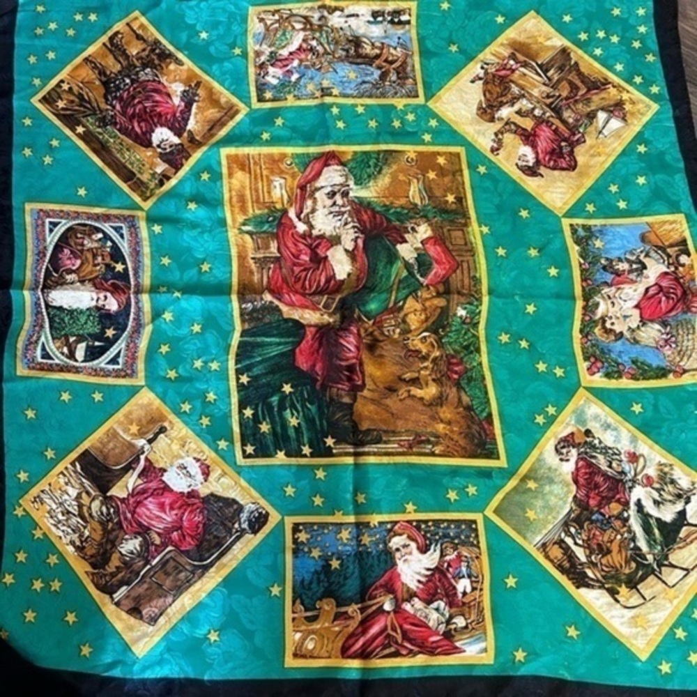 Vintage Old World Santa Christmas Scarf Holidays Bold Colors EUC